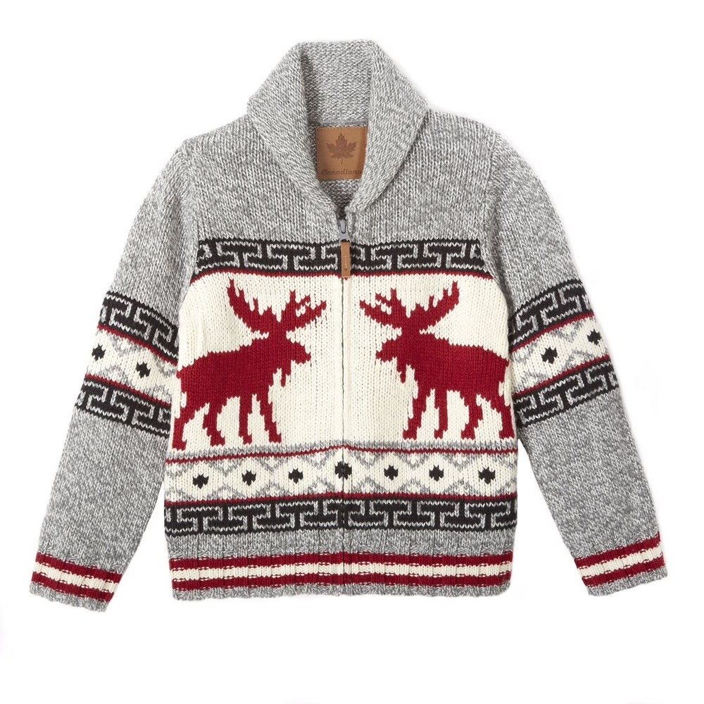 Canadiana Mens Full Zip Cardigan Sweater Gray Moose Maple Leaf Shawl Neck Small - Picture 5 of 5
